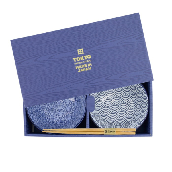 Tayo Bowl Set Nippon Blue Dots & Waves, Porcelain, 500 ml, Item No. 16041
