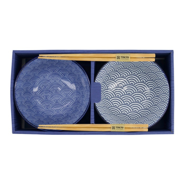 Tayo Bowl Set Nippon Blue Dots & Waves, Porcelain, 500 ml, Item No. 16041