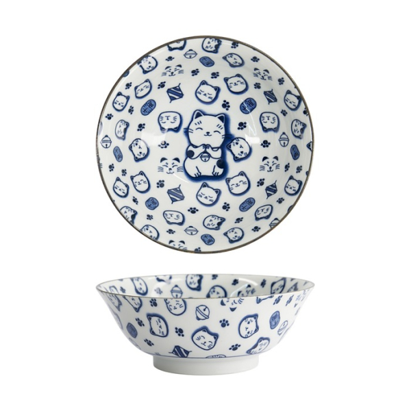 Ramen Bowl Kawaii Lucky Cat Neko Blue, White, Porcelain, 1 L