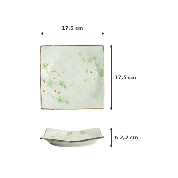 Square Plate Green Cosmos, Stoneware, 17.5 × 17.5 × 2.2 cm, Item No. 16511