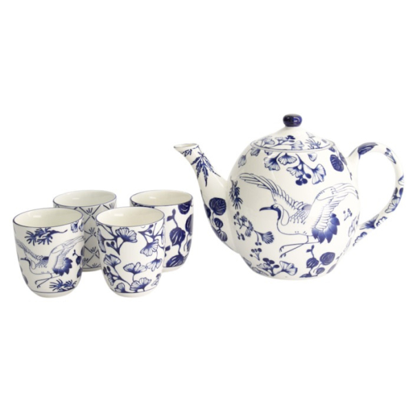 Teekanne mit 4 Teebechern Flora Japonica Blau/Weiß, 5-teilig, Porzellan, 1,3 L, Art.-Nr. 16733