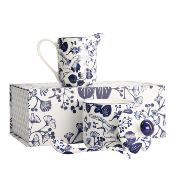 Milchkännchen & Zuckerdose mit Löffel Flora Japonica Blau/Weiß, Porzellan, Art.-Nr. 17454