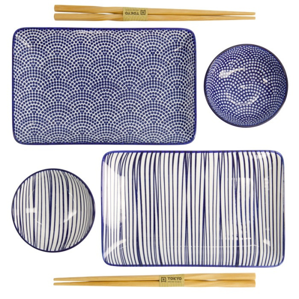 Sushi-Set Nippon Blue Lines-Dots Weiß, 6-tlg., Porzellan, Art.-Nr. 17991
