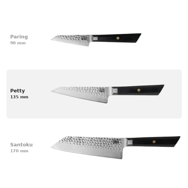 Petty Bunka Knife (small all-purpose knife) Kotai, 440C high-carbon stainless steel (1.4125), Hammered finish, blade 13.5 cm, handle in Wood, in a Bamboo box, Item No. 20850