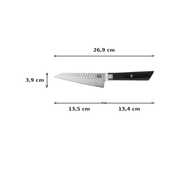 Petty Bunka Knife (small all-purpose knife) Kotai, 440C high-carbon stainless steel (1.4125), Hammered finish, blade 13.5 cm, handle in Wood, in a Bamboo box, Item No. 20850