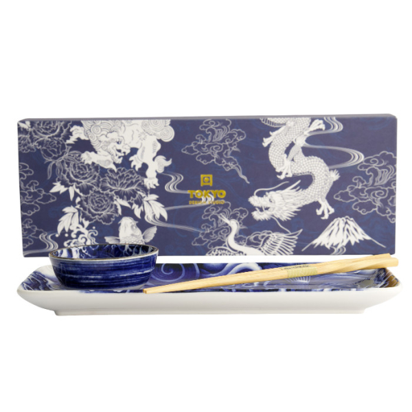 TDS, Sushi Geschenk-Set mit Essstäbchen, Japonism Carp, 3Stk, Blau, 28.5x14cm + 9x3cm,  Art.-Nr. 21519