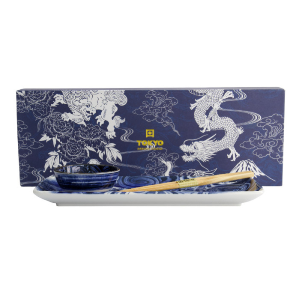 TDS, Sushi Geschenk-Set mit Essstäbchen, Japonism Crane, 3Stk, Blau, 28.5x14cm + 9x3cm,  Art.-Nr. 21521