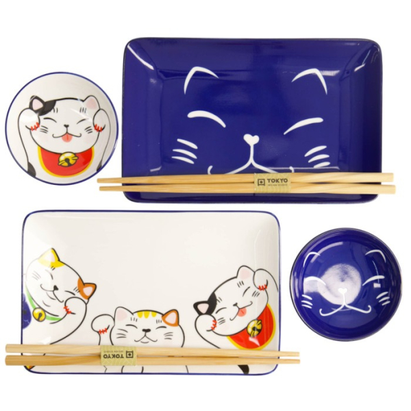 Sushi Set Kawaii Lucky Cat White, Blue, 6pcs, Porcelain, Item No. 21691