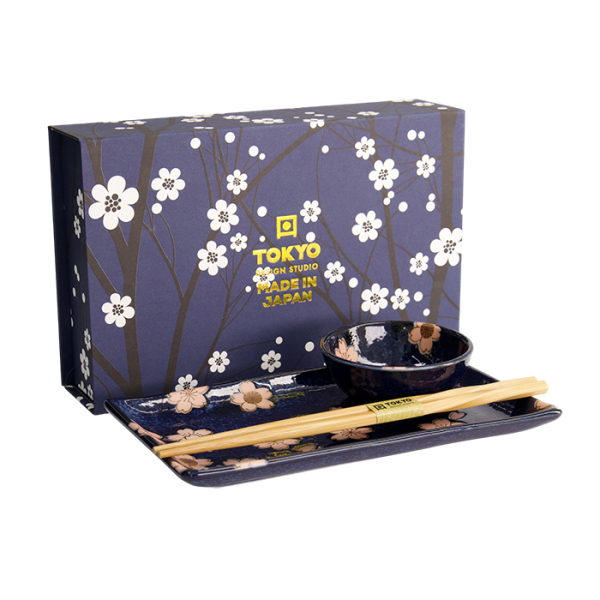 TDS, Sushi Set, Sakura Navy, 2 Stk mit Chopsticks, 22,5x12,7 & 8,6x3,6cm, Art.-Nr. 22582