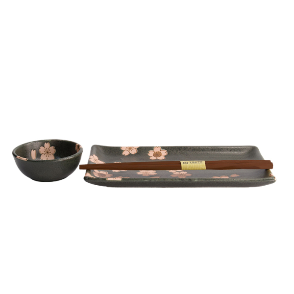 TDS, Sushi Set, Sakura Schwarz, 2 Stk mit Chopsticks, 22,5x12,7 & 8,6x3,6cm, Art.-Nr. 22583