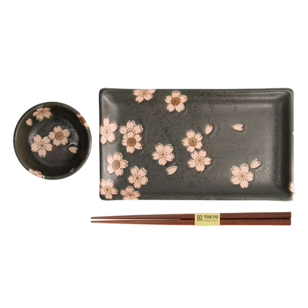 TDS, Sushi Set, Sakura Schwarz, 2 Stk mit Chopsticks, 22,5x12,7 & 8,6x3,6cm, Art.-Nr. 22583