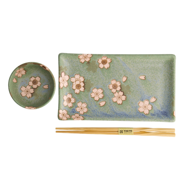TDS, Sushi Set, Sakura Grün, 2 Stk mit Chopsticks, 22,5x12,7 & 8,6x3,6cm, Art.-Nr. 22584