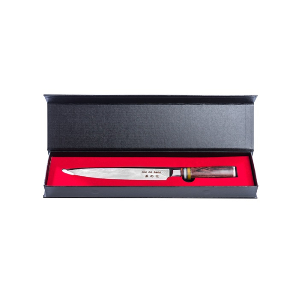 Sashimi Knife (fillet knife), VG-10 Damascus steel, blade 20 cm, handle in Pakka wood with 3 coloured acrylic rings, in a Magnetic box