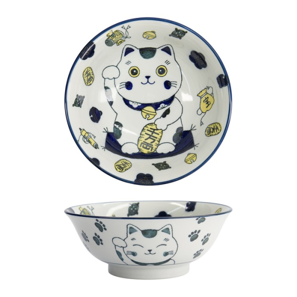 Ramen Bowl Kawaii Lucky Cat Neko Blue, Porcelain, 1 L