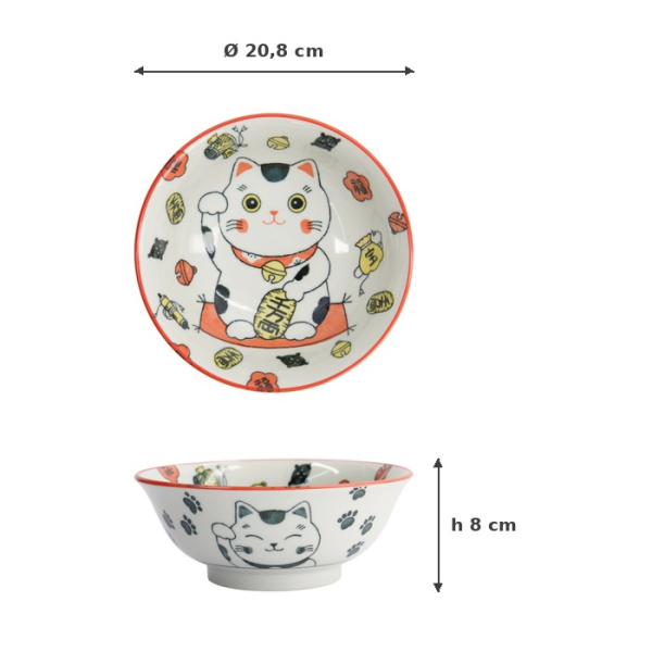 Ramen Bowl Kawaii Lucky Cat Neko Red, Porcelain, Ø 20.8 cm, Item No. 33011