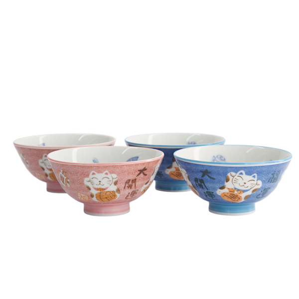 TDS, Schale-Geschenkset, Kawaii, Lucky Cat, Blau/Rosa, 4Stk, Ø 11,3 x 5,8 cm 300 ml, Art.-Nr. 33360