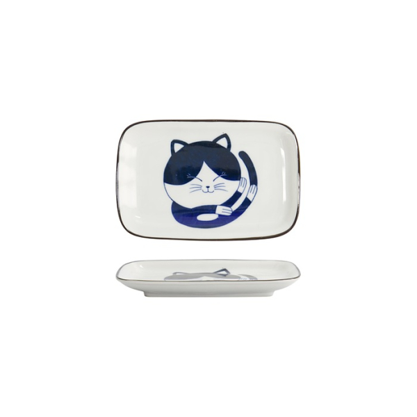 Rechteckiger Teller Kawaii Cat Neko D Blau/Wei&szlig;, Porzellan, 16,3 &times; 10,2 cm