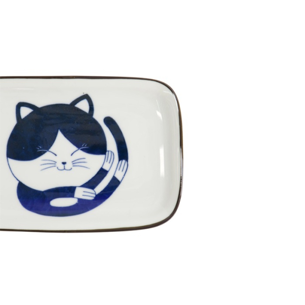 Rechteckiger Teller Kawaii Cat Neko D Blau/Weiß, Porzellan, 16,3 × 10,2 cm, Art.-Nr. 33495