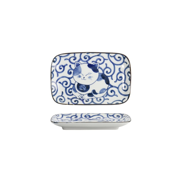 Rechteckiger Teller Kawaii Cat Neko E Blau/Wei&szlig;, Porzellan, 16,3 &times; 10,2 cm