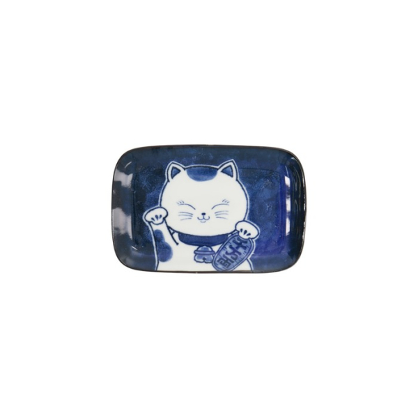 Rechteckiger Teller Kawaii Cat Neko F Blau/Weiß, Porzellan, 16,3 × 10,2 cm, Art.-Nr. 33501