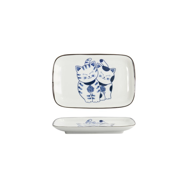 Rechteckiger Teller Kawaii Cat Neko G Blau/Wei&szlig;, Porzellan, 16,3 &times; 10,2 cm