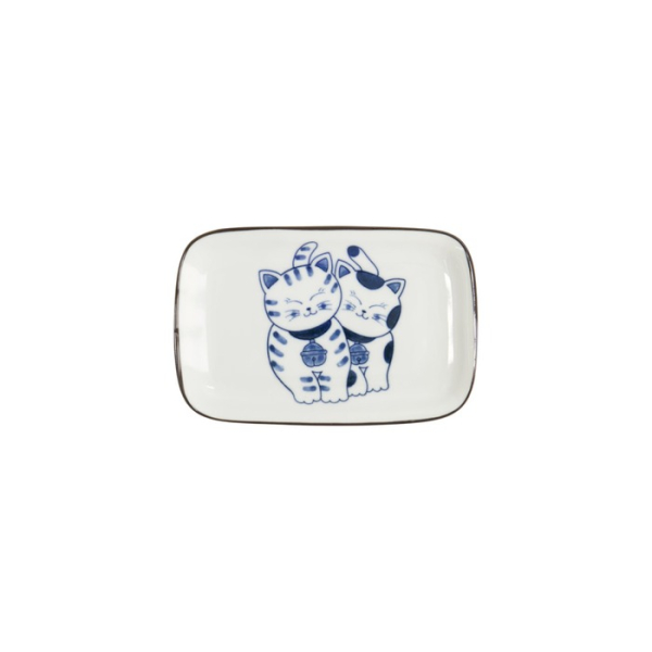 Rechteckiger Teller Kawaii Cat Neko G Blau/Weiß, Porzellan, 16,3 × 10,2 cm, Art.-Nr. 33504