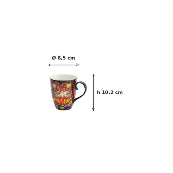 Mug Kawaii Daruma Red, Black in a gift box, Porcelain, 380 ml, Item No. 33613