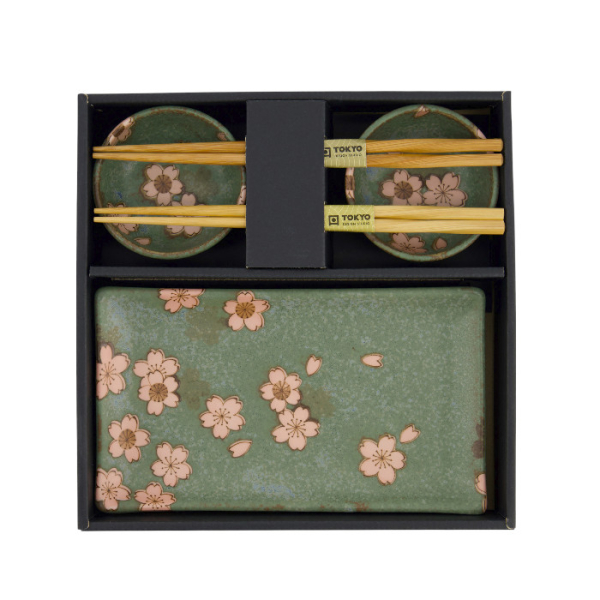 TDS, Sushi Set, Sakura, mit Chopsticks, 6tlg, Grün, 22x13x2cm & 8,5x3,4cm, Art.-Nr. 33761