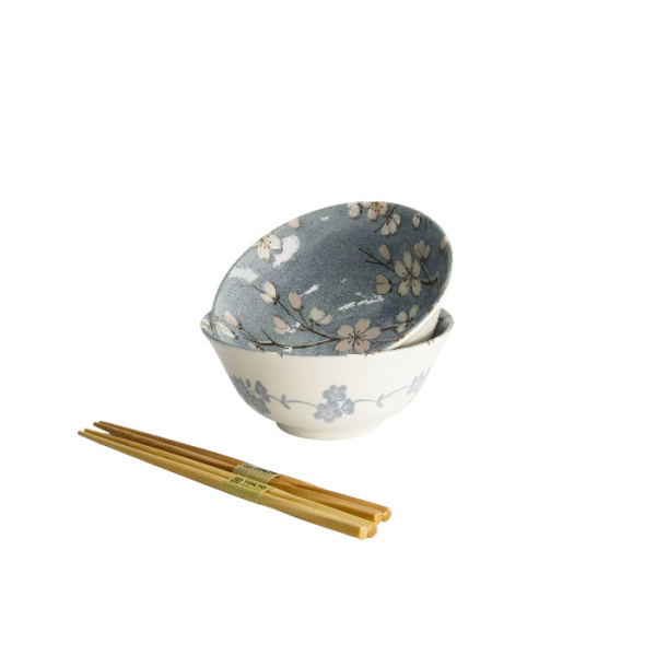 TDS, Tayo Bowl Giftset with chopsticks, Fujisakura, 2 Pcs, Grey, Ø 15.5x7cm 500ml, Item No. 33782