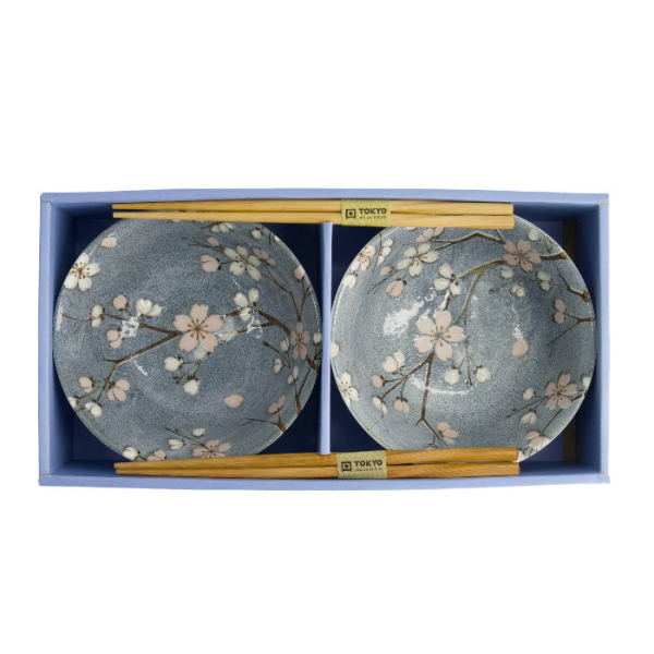 TDS, Tayo Bowl Giftset with chopsticks, Fujisakura, 2 Pcs, Grey, Ø 15.5x7cm 500ml, Item No. 33782