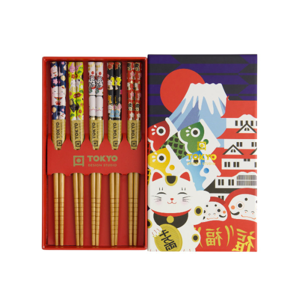 TDS, Kids Chopstick Set, Lucky Cats Japan, 5 pair, Item No. 33840