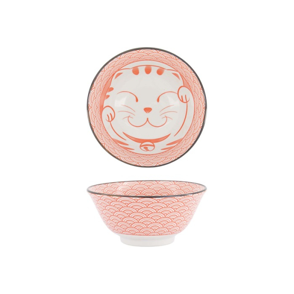 Tayo Bowl Kawaii Lucky Cat Neko Seikaiha-Neko Red, Porcelain, 550 ml