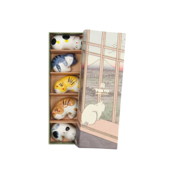 Chopstick Rest Set Kawaii Sleeping Cat Multicoloured, 5 pcs, Porcelain, Item No. 618079