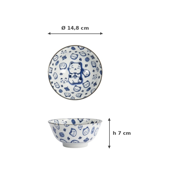 Rice Bowl Kawaii Lucky Cat Neko Blue, Porcelain, 500 ml, Item No. 15427