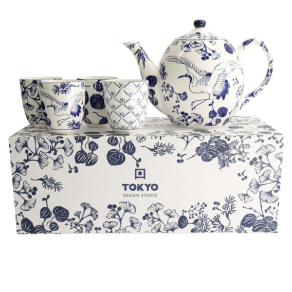 Teekanne mit 4 Teebechern Flora Japonica Blau/Wei&szlig;, 5-teilig, Porzellan, 1,3 L