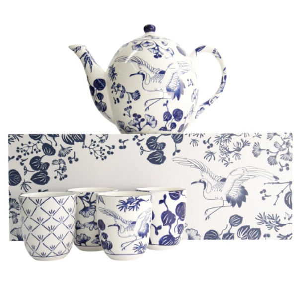 Teapot and 4 Teacups Flora Japonica Blue/White, 5 pcs., Porcelain, 1.3 L, Item No. 16733