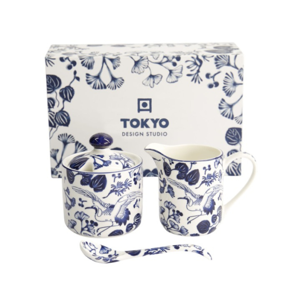 Milchkännchen & Zuckerdose mit Löffel Flora Japonica Blau/Weiß, Porzellan, Art.-Nr. 17454