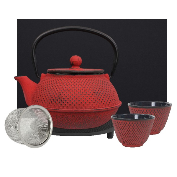 teeblume cast iron teapot set, Arare, 0,9 litre, with strainer, coaster and 2 mugs in a gift box- different colours