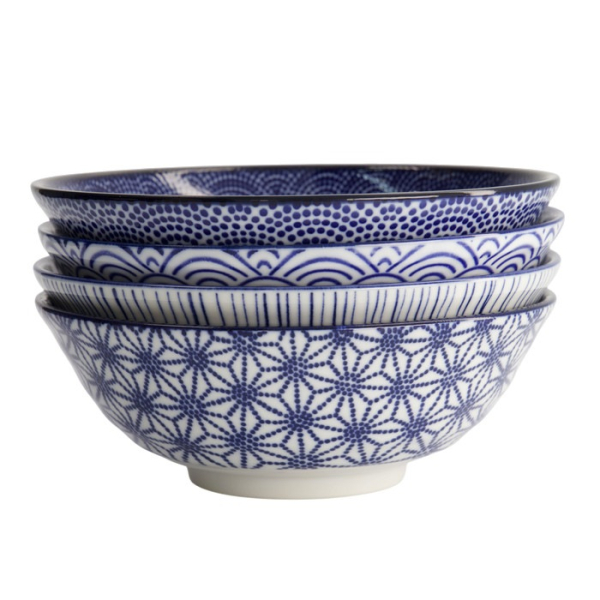 Ramen Bowl Set Nippon Blue, 4pcs, Porcelain, &Oslash; 21 &times; 7.8 cm, 1 L