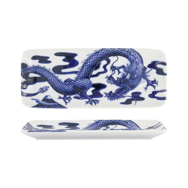 Servierplatte Japonism Dragon Blau/Wei&szlig;, Porzellan, 28,5 &times; 14 &times; 2,5 cm