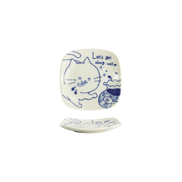 Square Plate Neko Maruke White, Blue, Porcelain, 12.5 &times; 12.5 &times; 1.8 cm