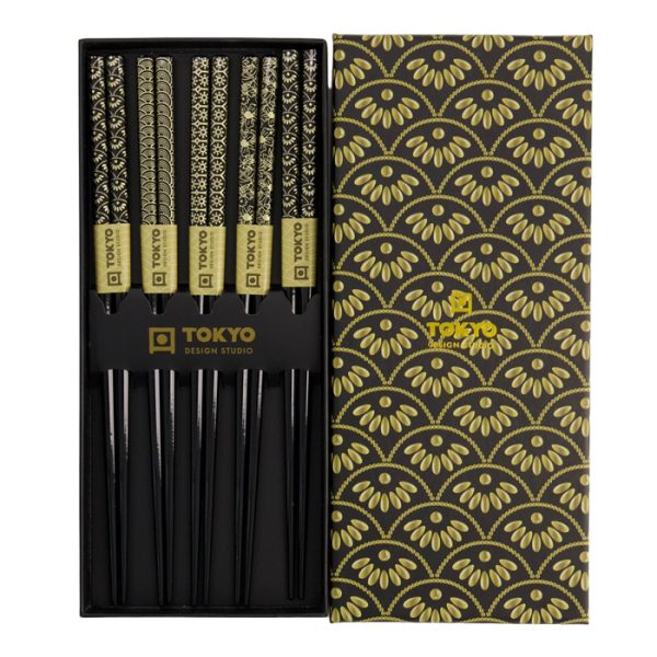 TDS, 5 Paar Essstäbchen, Schwarz Gold , Art.-Nr. 21292