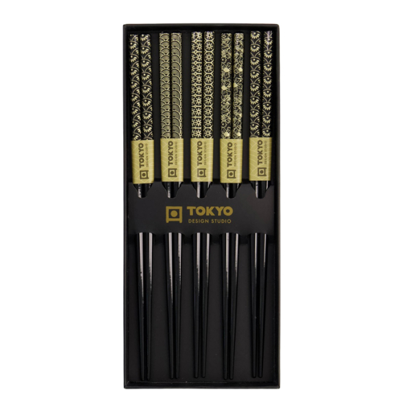 TDS, 5 Paar Essstäbchen, Schwarz Gold , Art.-Nr. 21292