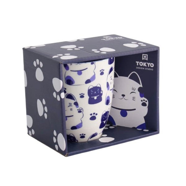 Mug Kawaii Lucky Cat Blue in a gift box, Porcelain, 380 ml