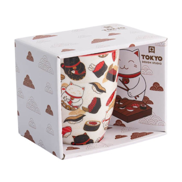 Mug Kawaii Lucky Cat Sushi Multicolour in a gift box, Porcelain, 380 ml