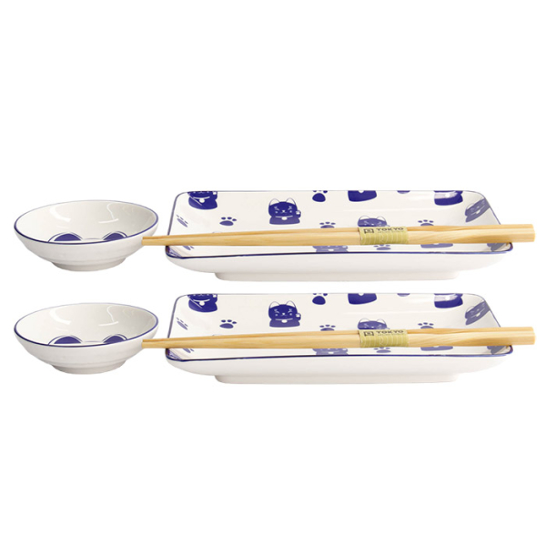 TDS, Kawaii-Blue Maneko Sushi-Teller-Geschenkset, 4-tlg. mit Essstäbchen, Art.-Nr. 21671  