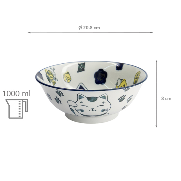 TDS, Ramen Schale, Kawaii Lucky Cat Neko, Blau, Ø 20,8x8 cm, 1000ml - Art Nr: 33010