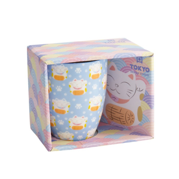 Tasse Kawaii Lucky Cat Blau in Geschenkbox, Porzellan, 380 ml