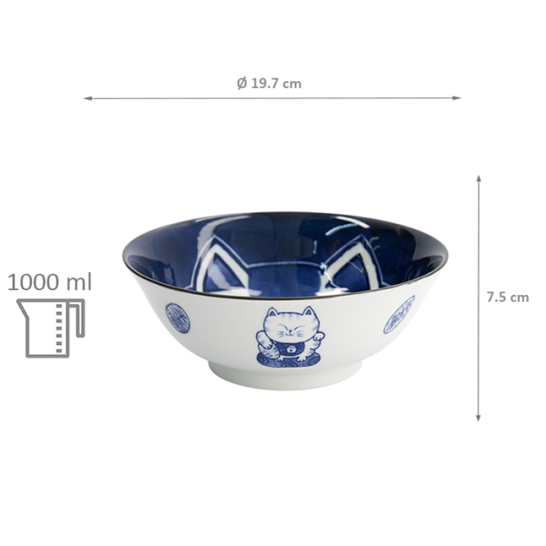 TDS, Ramen Bowl, Kawaii Cat Neko, Blue, Ø 19.7x7.5cm 1000ml, Item No. 33419
