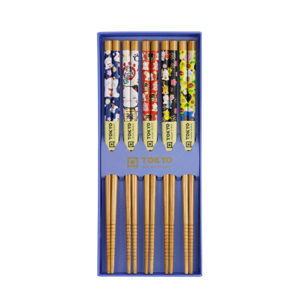 Chopstick Set Lucky Cat/Carp Red, Blue, 5 pairs, Bamboo, Item No. 33454